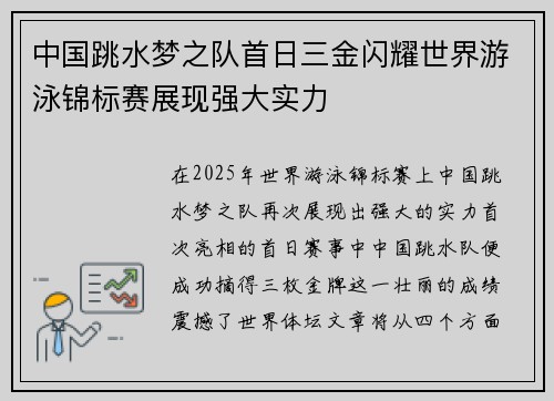 中国跳水梦之队首日三金闪耀世界游泳锦标赛展现强大实力